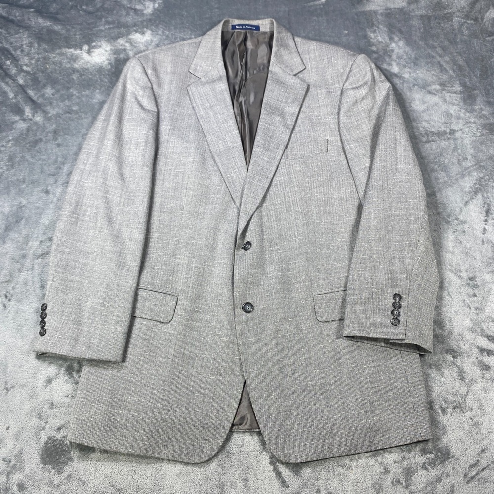 Alan Flusser Bermuda Breeze Blazer 46L Wool Linen Gray Herringbone Suit Jacket